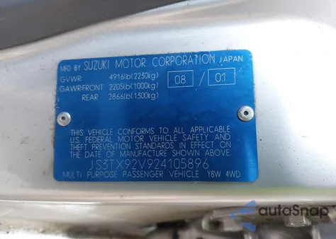 2002 Suzuki Xl-7 Limited/Plus/Standard/Touring z USA, uszkodzony, nr VIN JS3TX92V924105896